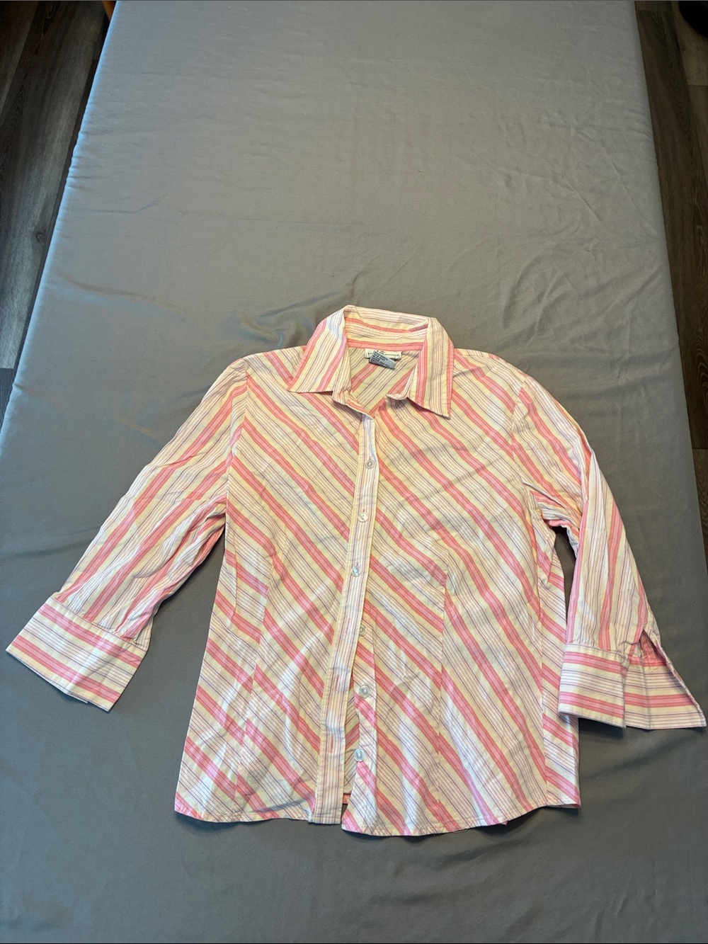 Iz Byer Pink, White and Light Blue Striped Button-Down Shirt